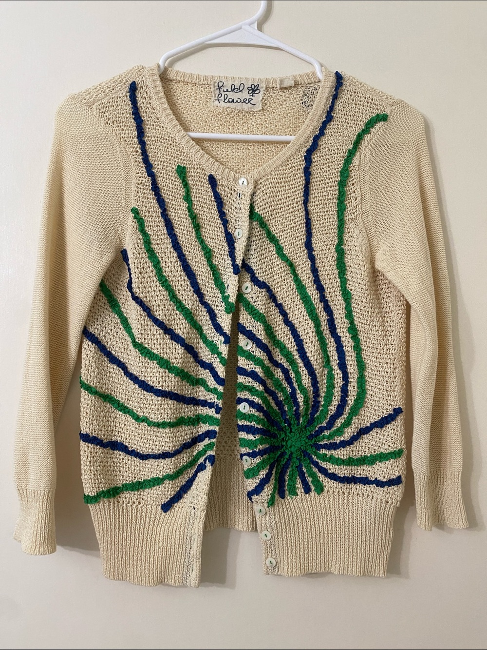 Anthropologie Cream Cardigan with Blue & Green Swirl Detail